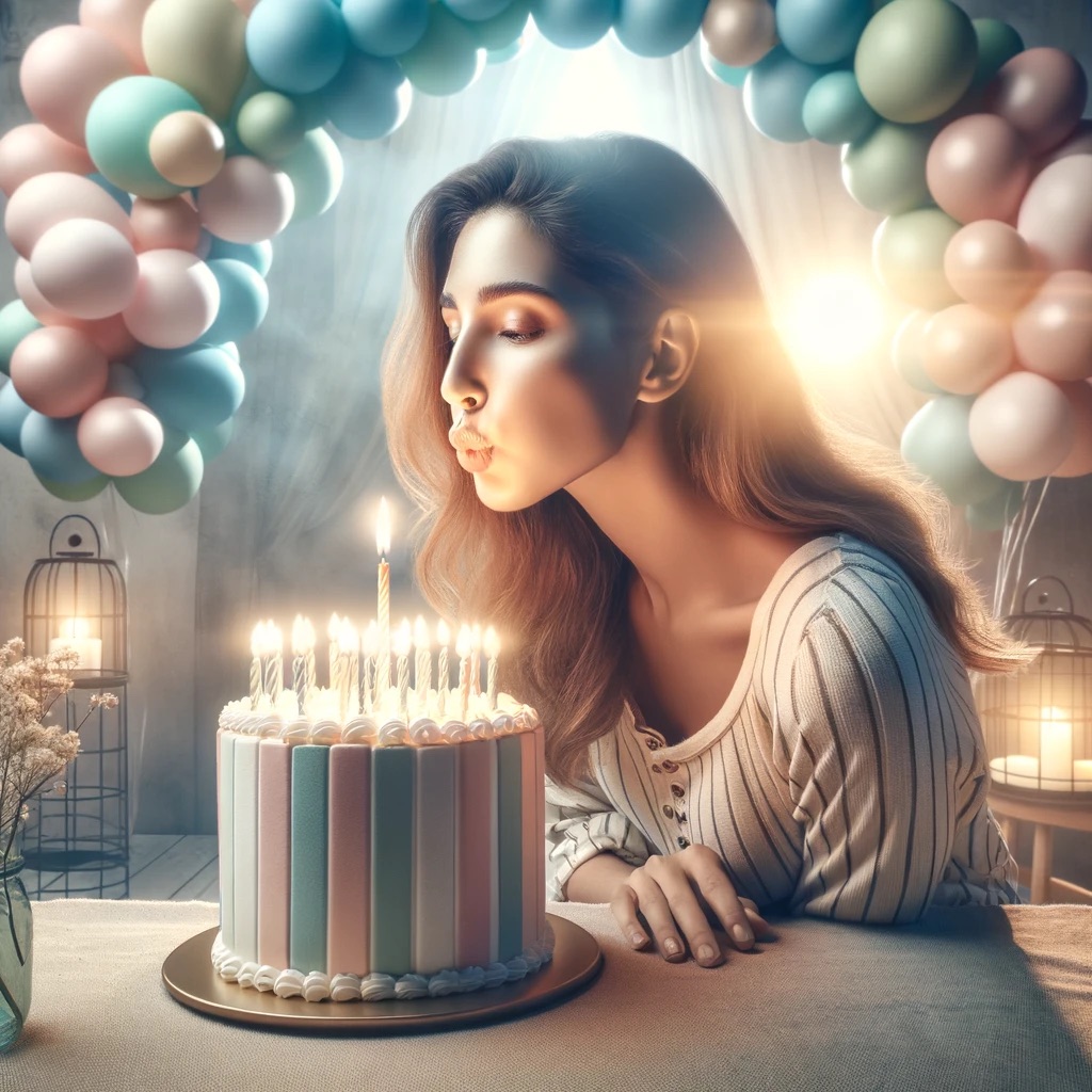 a brighter, more realistic image of a young woman blowing out a candle on a birthday cake, ensuring the scene is well-lit to enhance the feelin