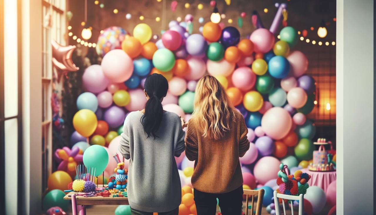 AirBloom decorators Elena and Alex decorating an event with organic balloons